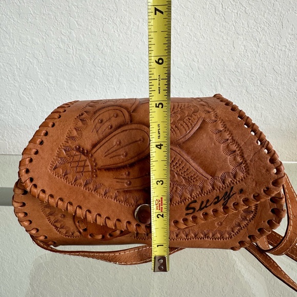 Crossbody Bag Womens Brown Leather Artisan Flap Tooled Single Strap - Picture 9 of 10
